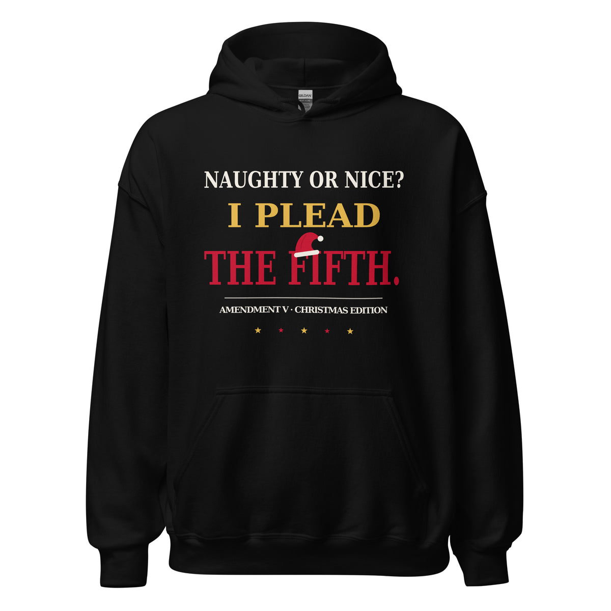 Black I Plead the Fifth Christmas Edition pullover hoodie, front view with Santa hat graphic on the chest