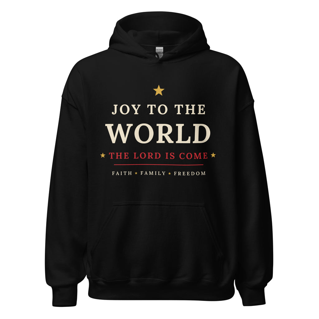 Black Joy to the World, The Lord Is Come Christmas pullover hoodie with Faith, Family, Freedom print, front view