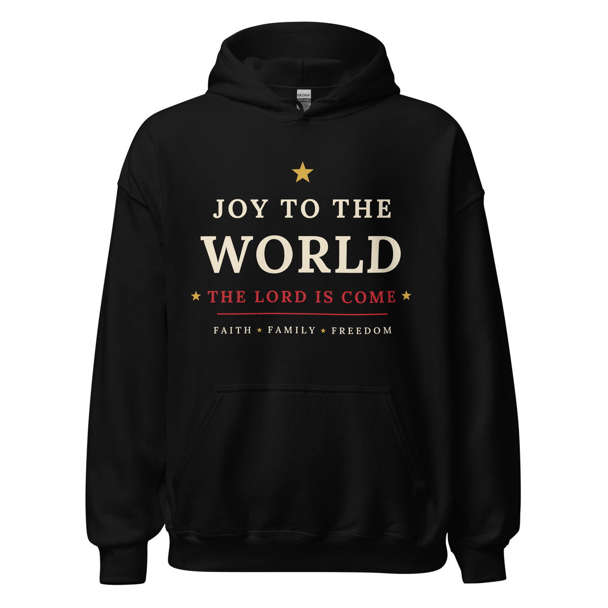 Black Joy to the World, The Lord Is Come Christmas pullover hoodie with Faith, Family, Freedom print, front view