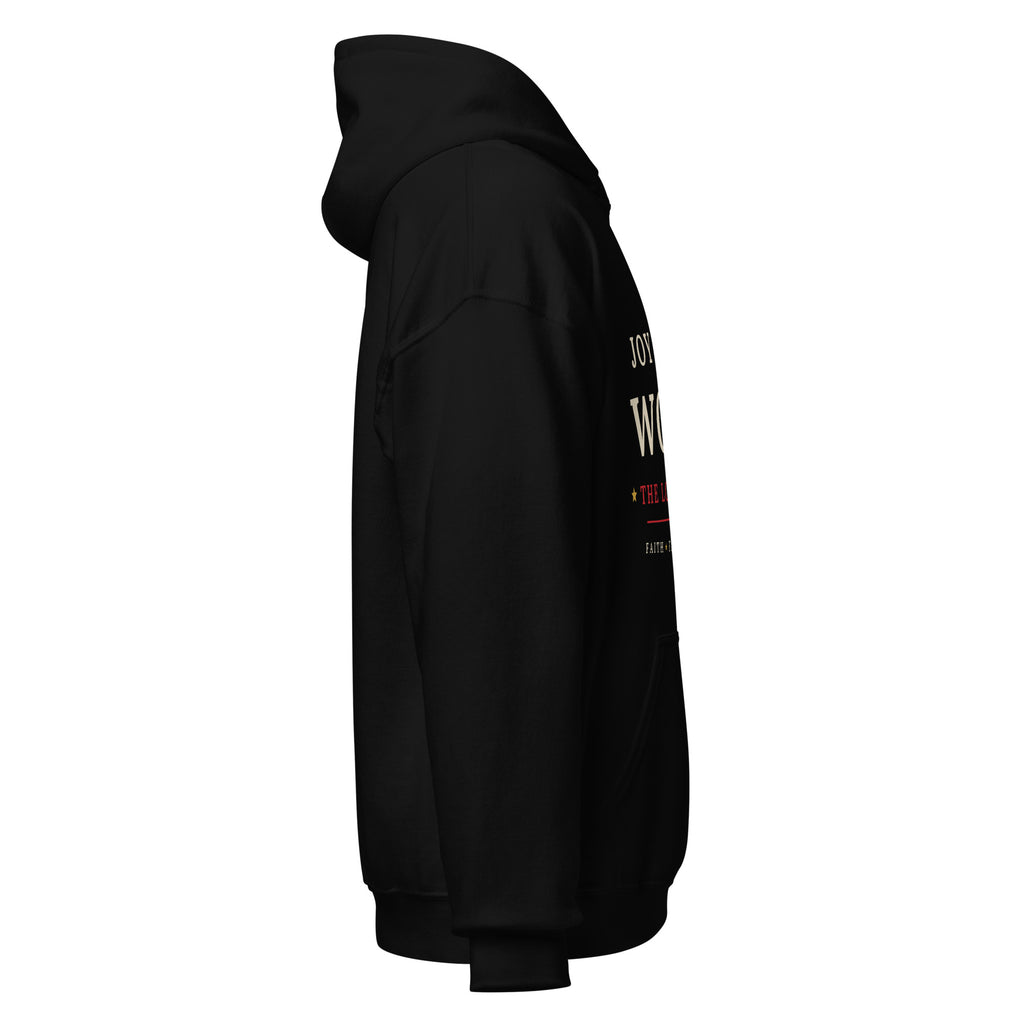 Black pullover hoodie, right side view with sleeve and hood