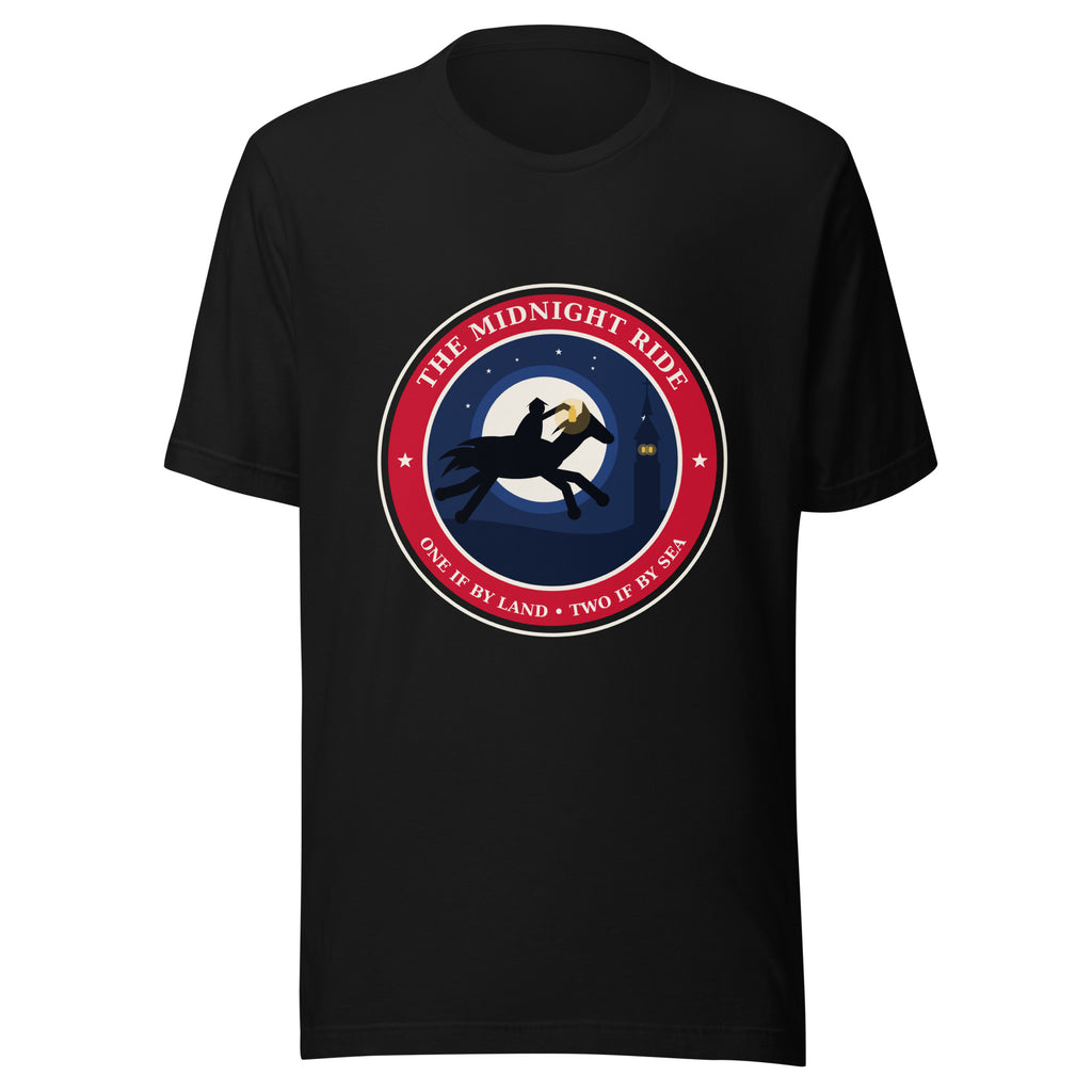Front of the black Midnight Ride 1775 tee with a red, cream and gold badge showing Paul Revere on horseback