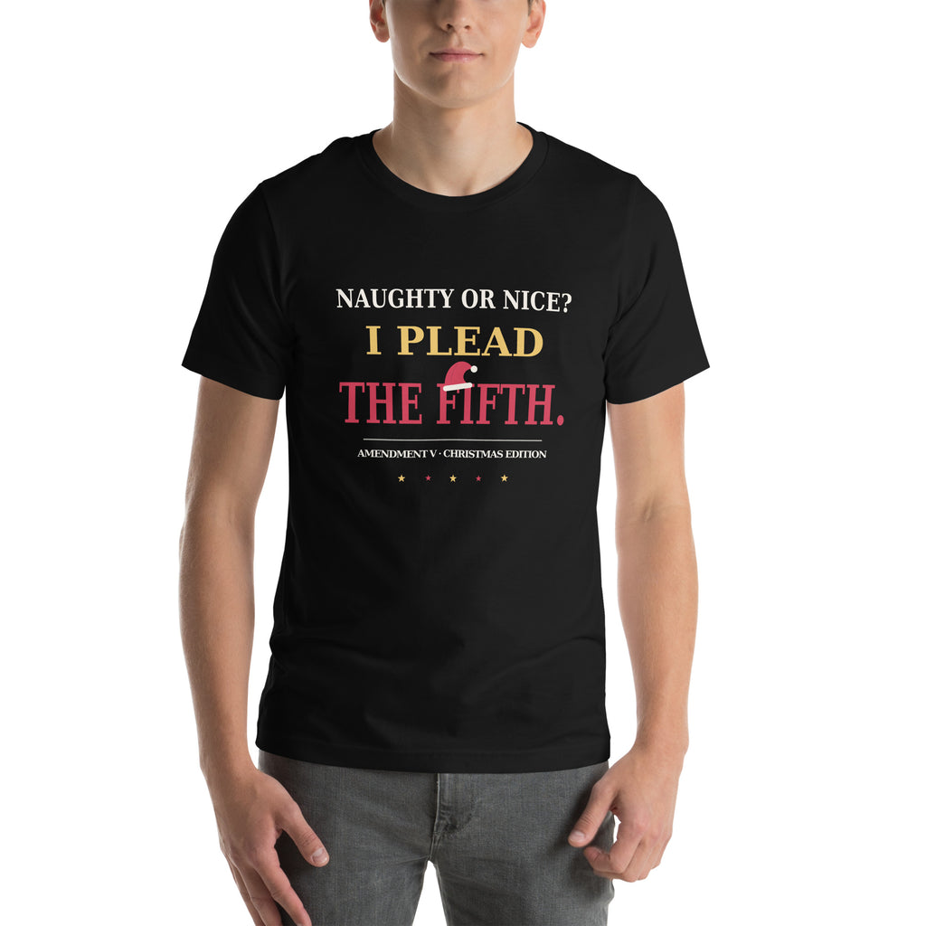 Front view of the black "I Plead the Fifth" Christmas Patriot tee with the Santa hat design