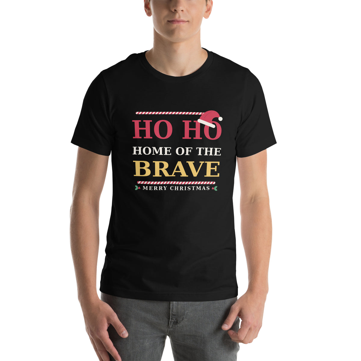 Front view of the black "Ho Ho Home of the Brave" Christmas Patriot tee with the Santa hat design