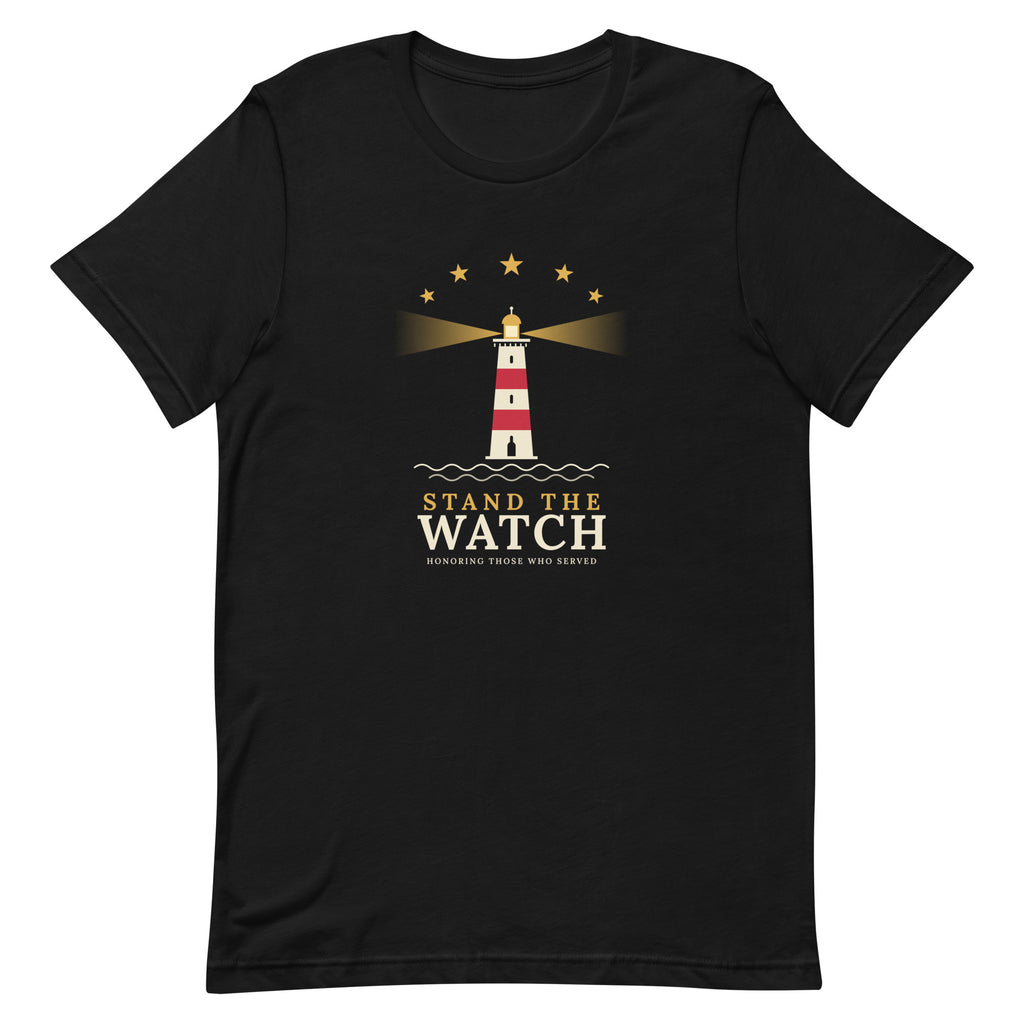 Black Stand the Watch lighthouse veterans tee, front view