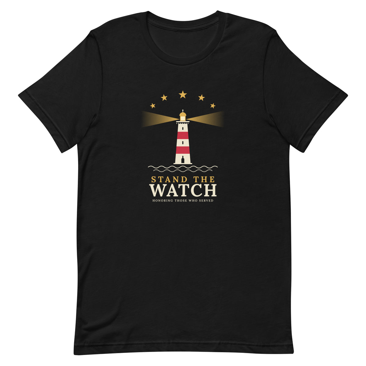 Black Stand the Watch lighthouse veterans tee, front view