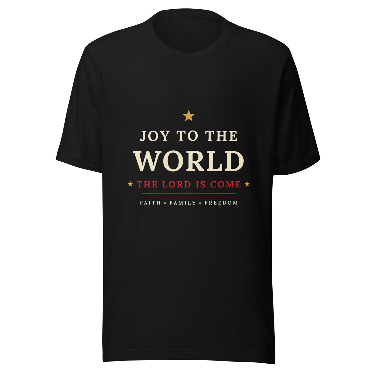 Black Joy to the World Christmas tee, front view
