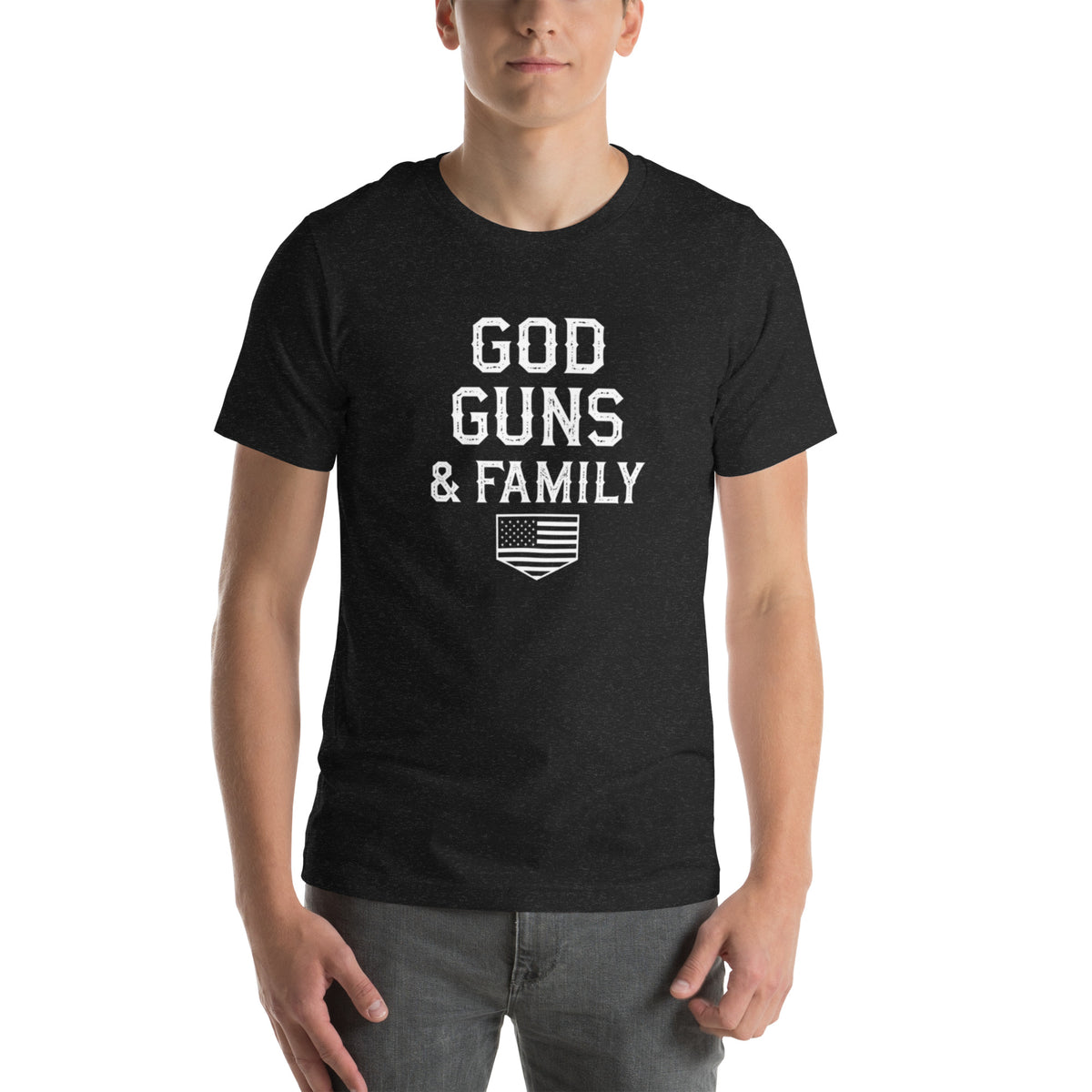 God, Guns, & Family Classic Tee in black heather, front view