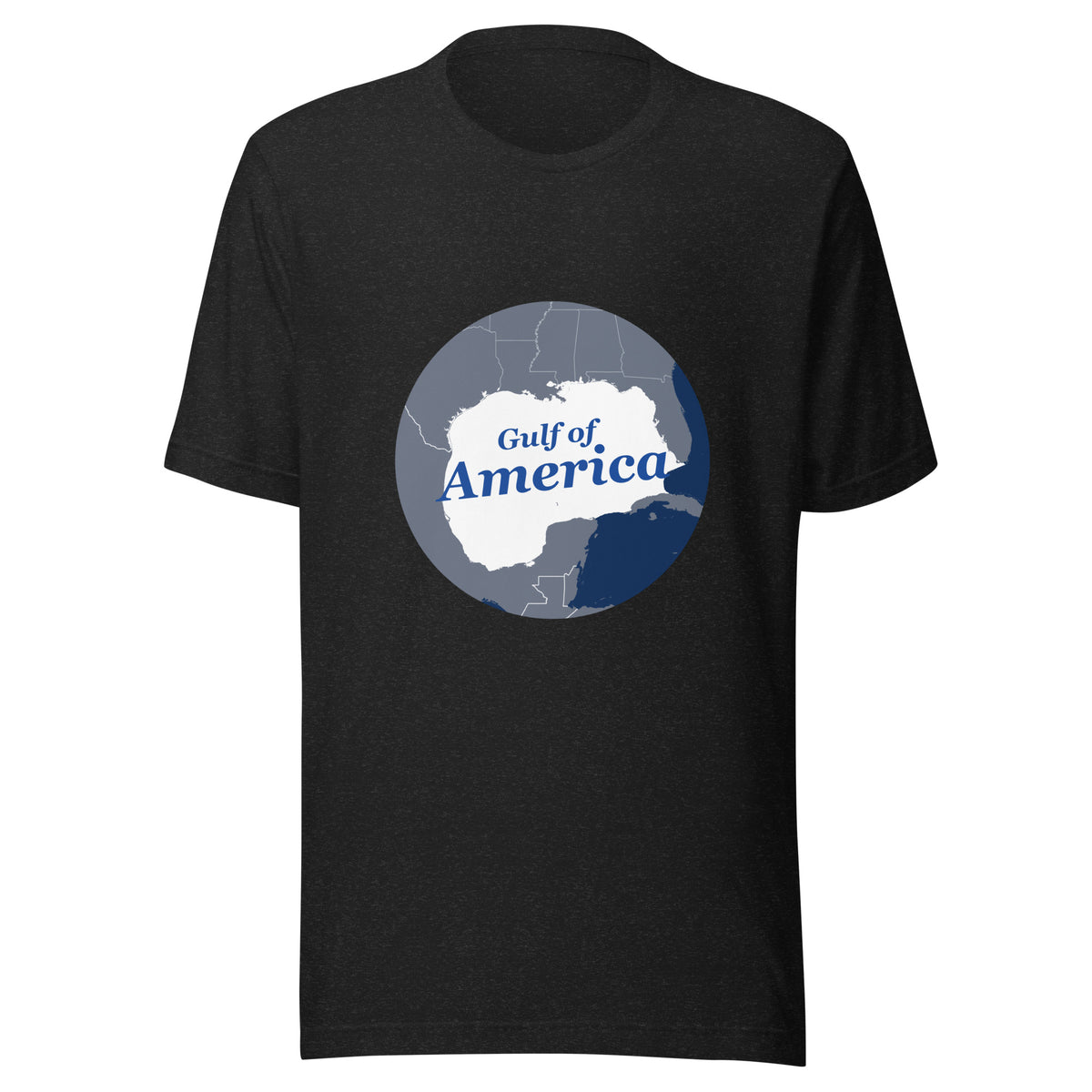Front of the Gulf of America retro map tee in black heather with a circular Gulf Coast map and blue script lettering