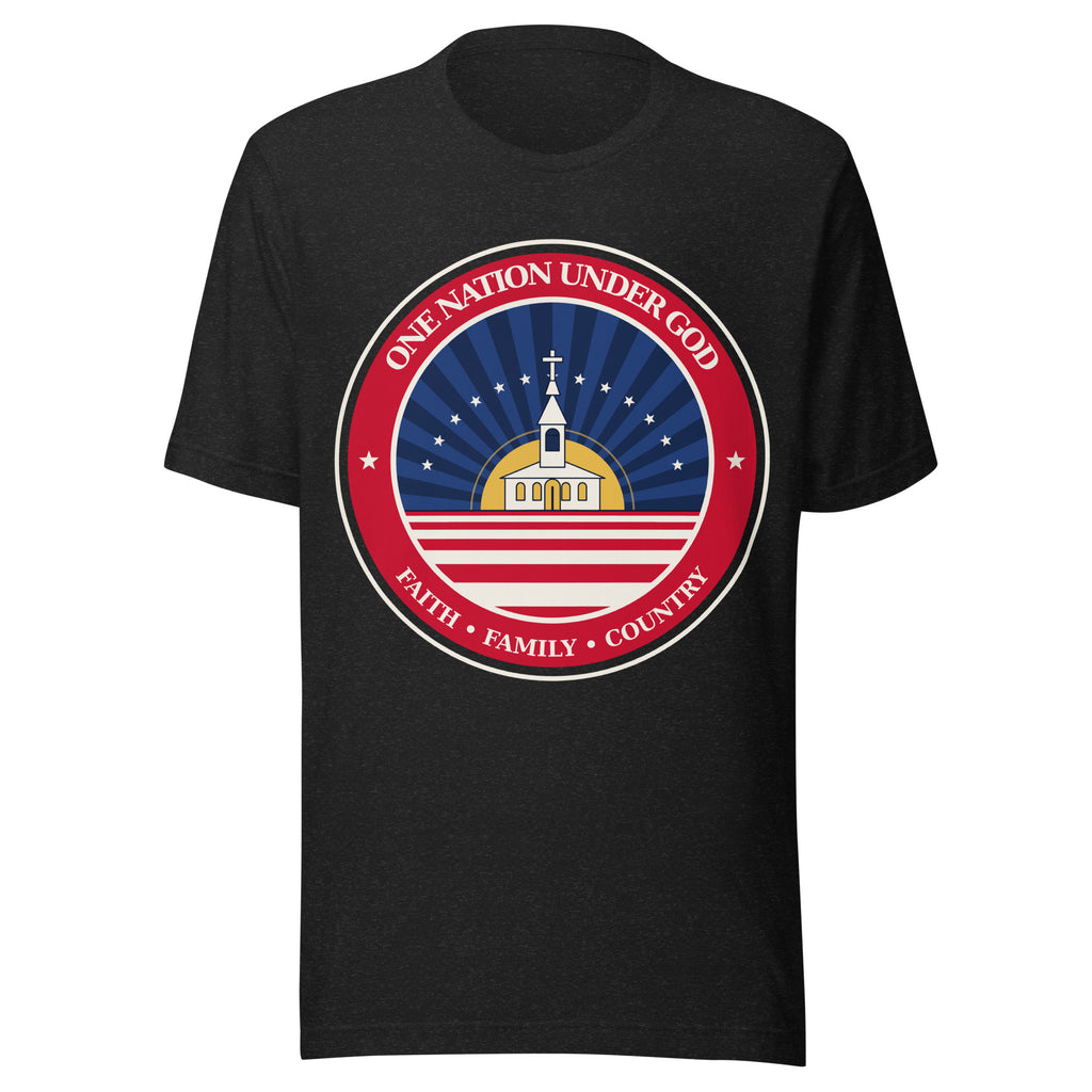 Black heather tee with the One Nation Under God Faith and Flag badge, a white country church at sunrise over flag stripes, front view
