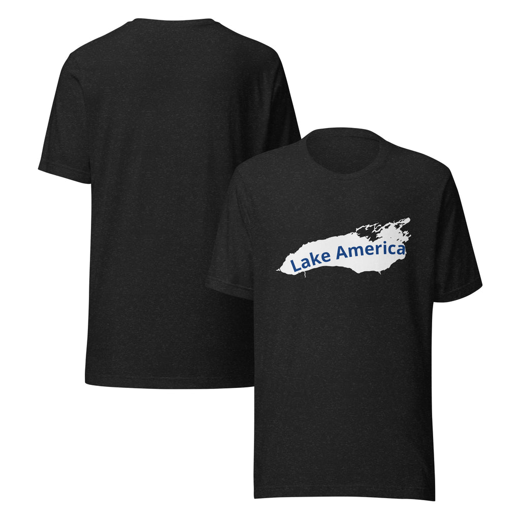 Lake America Retro Identity Tee in black heather, front and back view