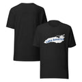 Lake America Retro Identity Tee in black heather, front and back view