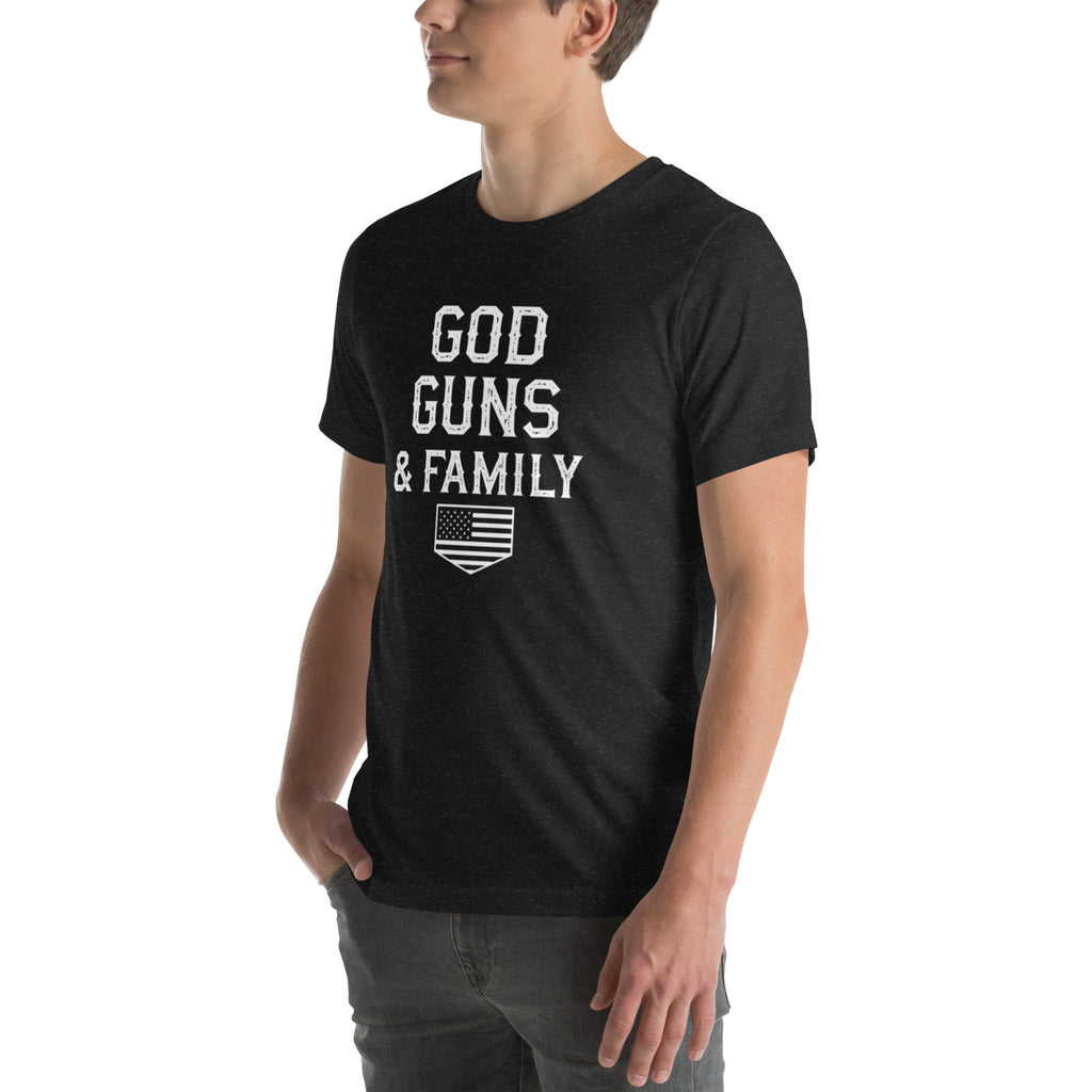 God, Guns, & Family Classic Tee in black heather, angled left front view