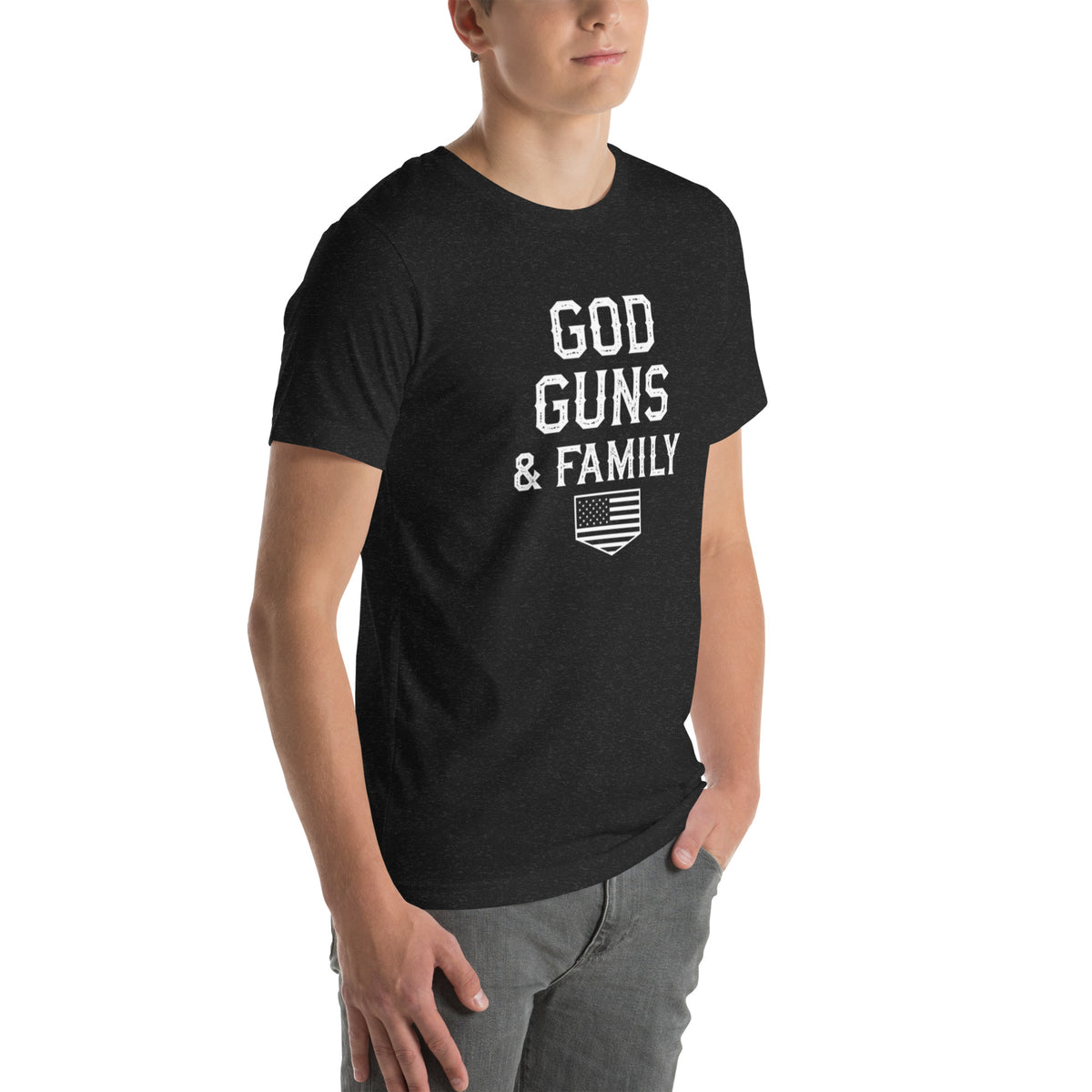 God, Guns, & Family Classic Tee in black heather, angled right front view