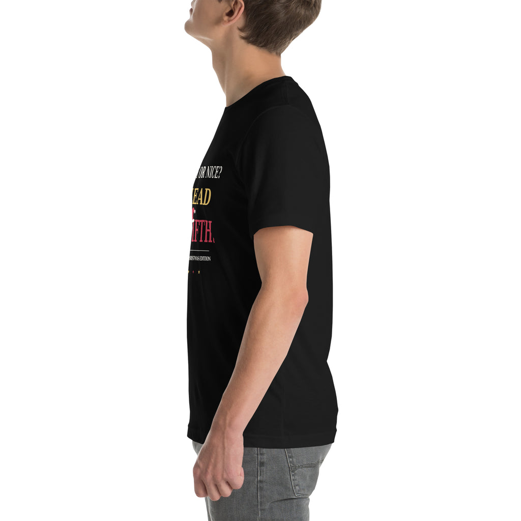 Left side view of the black "I Plead the Fifth" Christmas Patriot tee