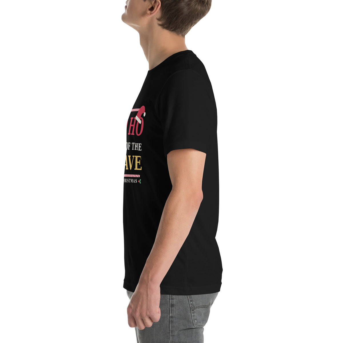 Left side view of the black "Ho Ho Home of the Brave" Christmas Patriot tee