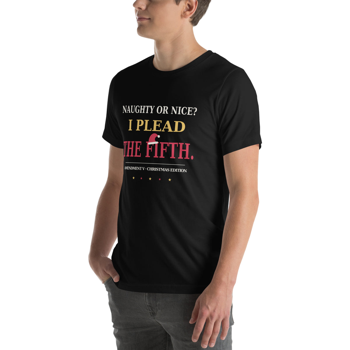 Three-quarter left front view of the black "I Plead the Fifth" Christmas Patriot tee