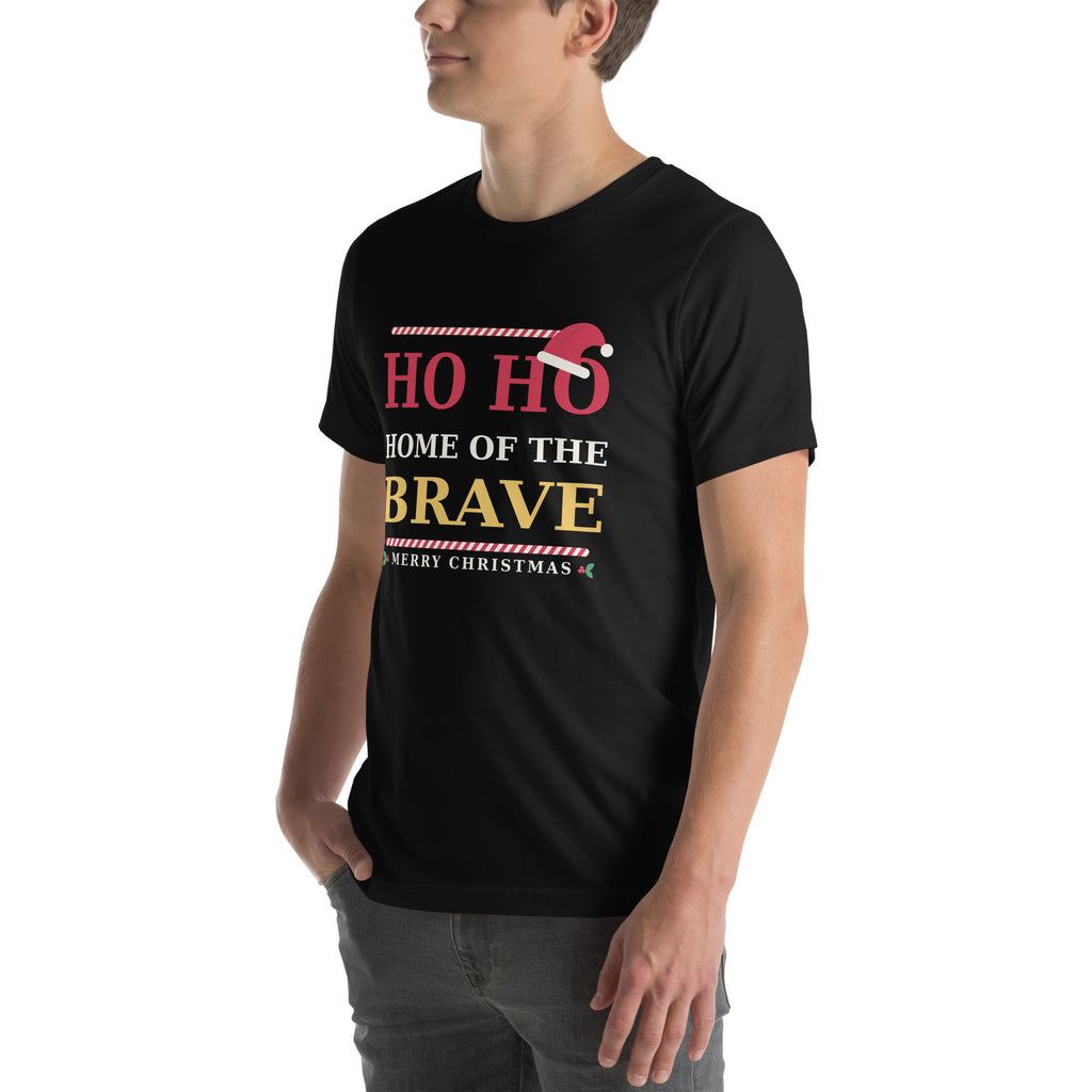 Three-quarter left front view of the black "Ho Ho Home of the Brave" Christmas Patriot tee