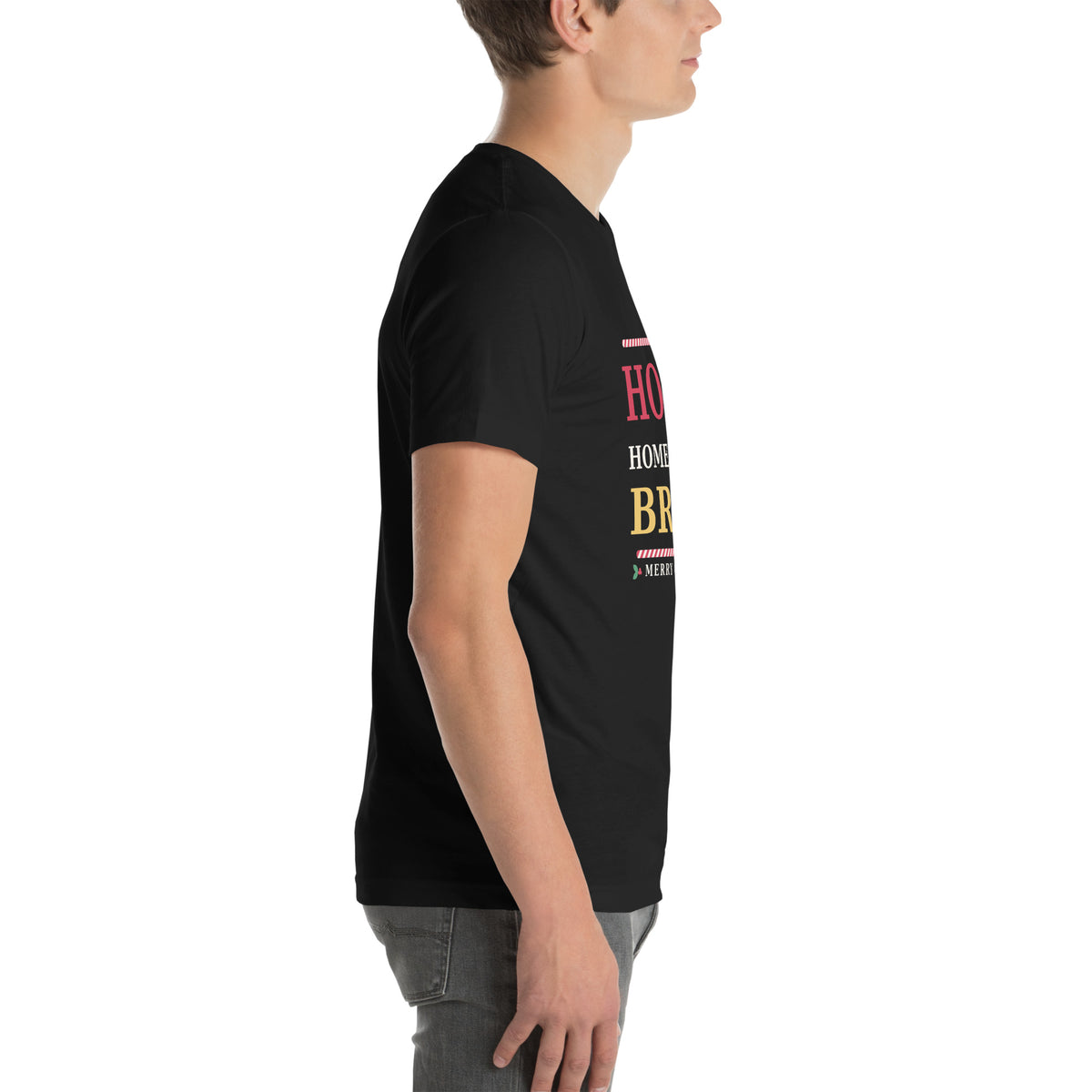 Right side view of the black "Ho Ho Home of the Brave" Christmas Patriot tee