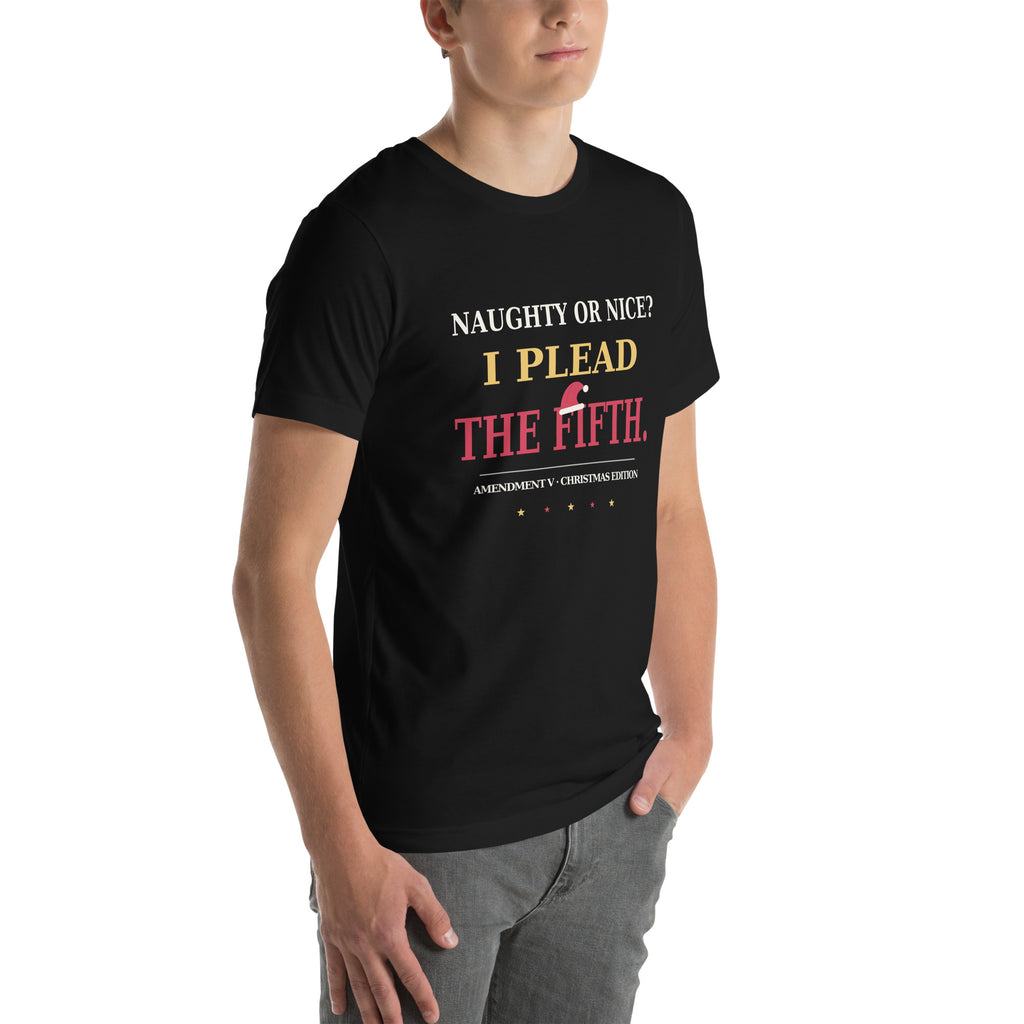 Three-quarter right front view of the black "I Plead the Fifth" Christmas Patriot tee