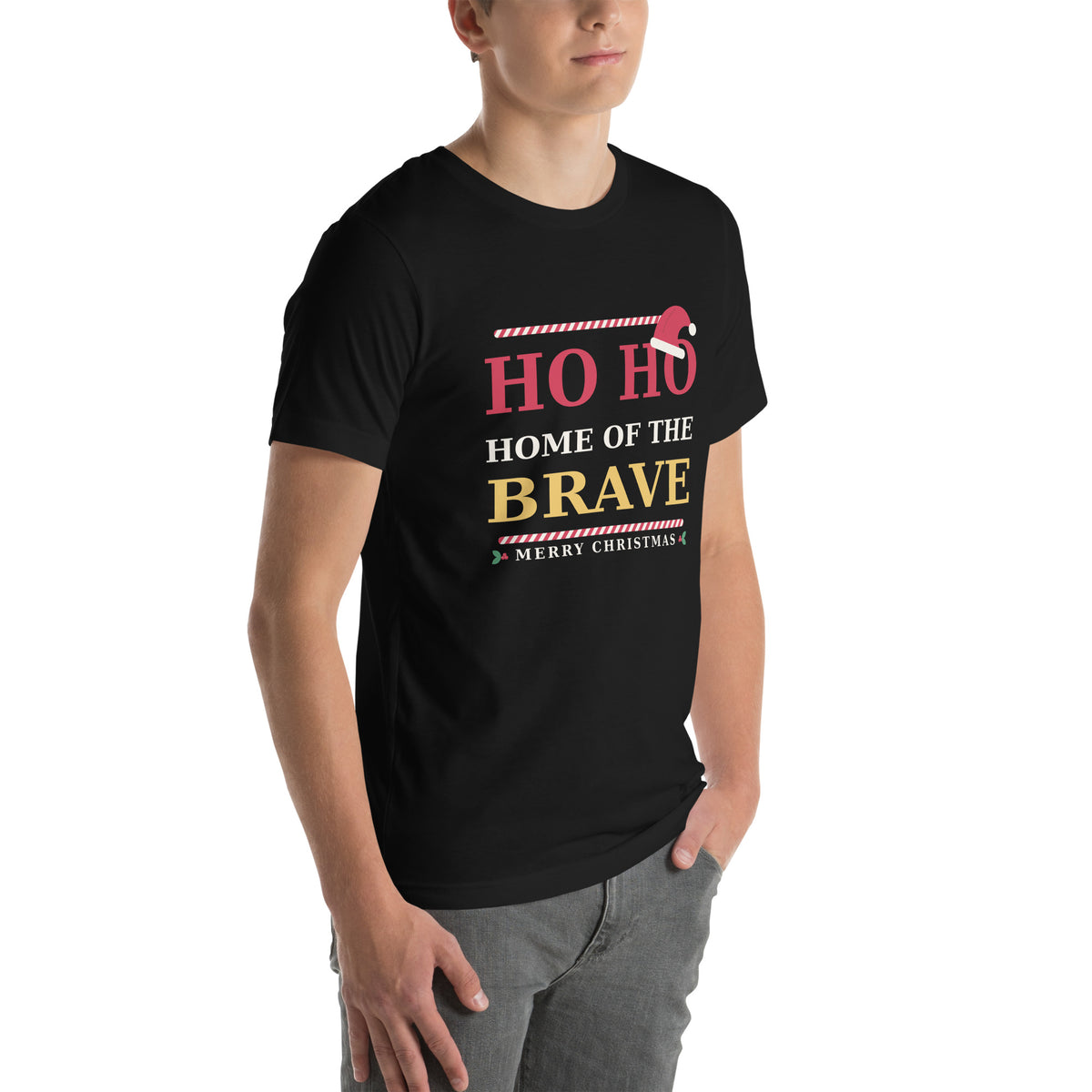 Three-quarter right front view of the black "Ho Ho Home of the Brave" Christmas Patriot tee