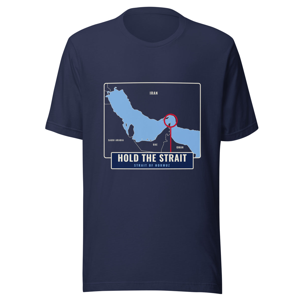 Front of the navy Hold the Strait tee showing the Strait of Hormuz map print with the strait circled in red